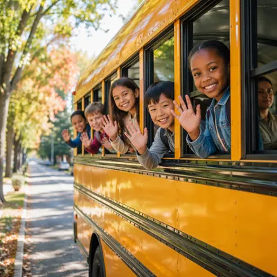 Children Waving from Yellow School Bus