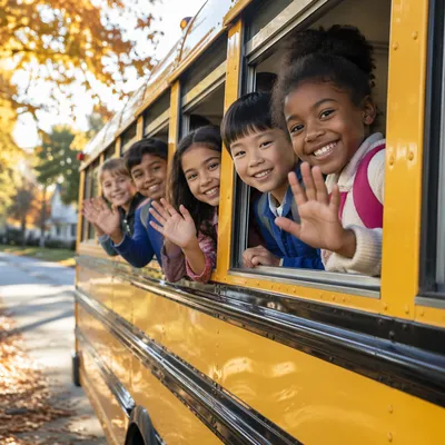 Children Waving from Yellow School Bus