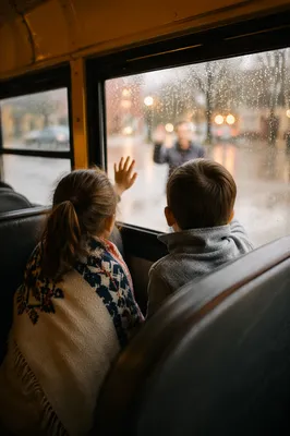 Children Waving Goodbye on Rainy School Bus