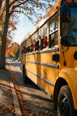 Children Waving from School Bus Window