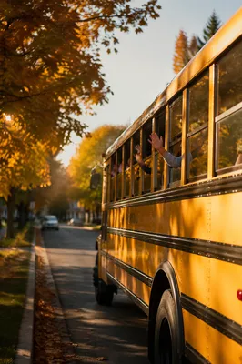 Children Waving From School Bus Windows