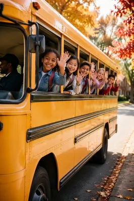 Children Waving From Yellow School Bus
