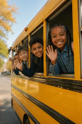 Children Waving from Yellow School Bus