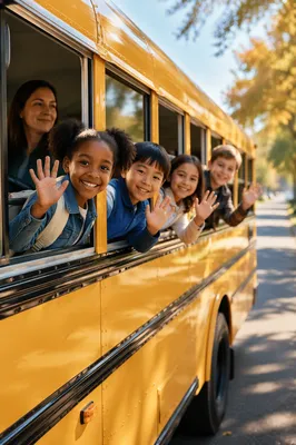 Children Waving from Yellow School Bus