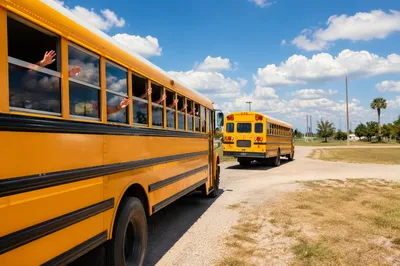 Cheerful Children Waving From School Bus