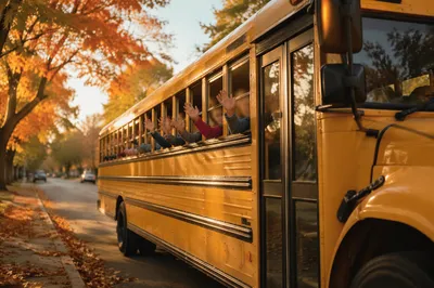 Children Waving from Autumn School Bus