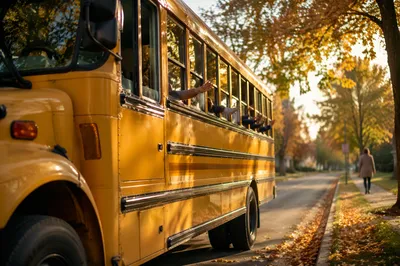 Children Waving from Yellow School Bus