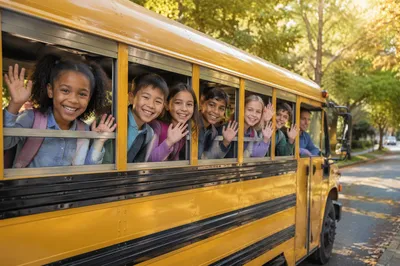Children Waving from Yellow School Bus