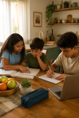 Siblings Doing Homework at Kitchen Table