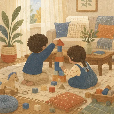 Siblings Building Blocks in Cozy Living Room