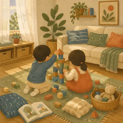 Siblings Building Blocks in Cozy Living Room