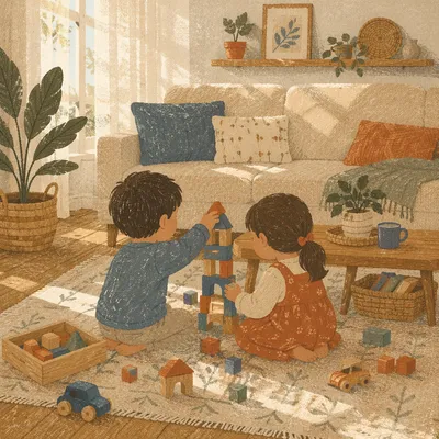 Siblings Building Blocks in Cozy Living Room