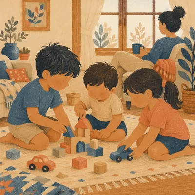 Siblings Playing Together in Cozy Living Room