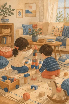 Siblings Building Blocks in Cozy Living Room