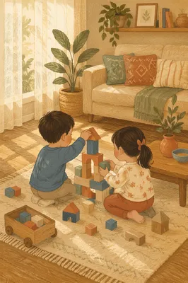 Siblings Building Blocks in Cozy Living Room