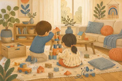 Warm Siblings Playing in Cozy Living Room
