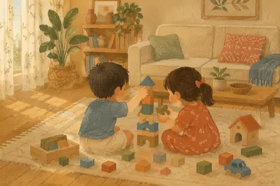 Siblings Building Blocks in Cozy Living Room