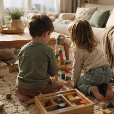 Siblings Building Blocks in Cozy Living Room
