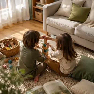 Siblings Building Blocks in Cozy Living Room