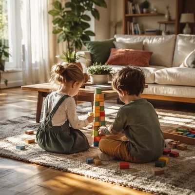 Siblings Building Blocks in Cozy Living Room
