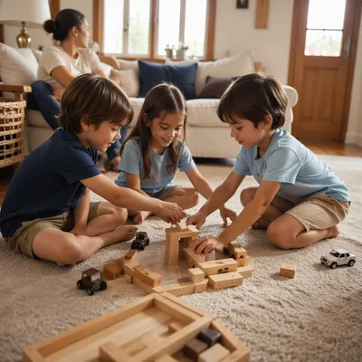 Siblings Playing Together in Cozy Living Room