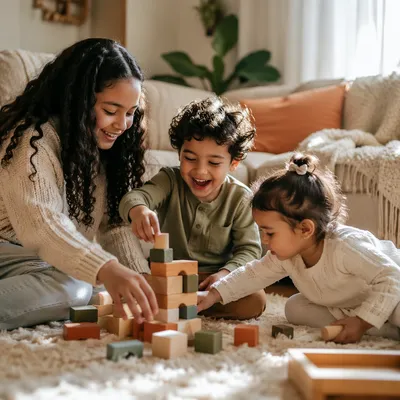 Three Siblings Playing in Cozy Living Room