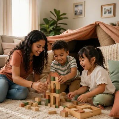 Three Siblings Playing in Sunlit Living Room