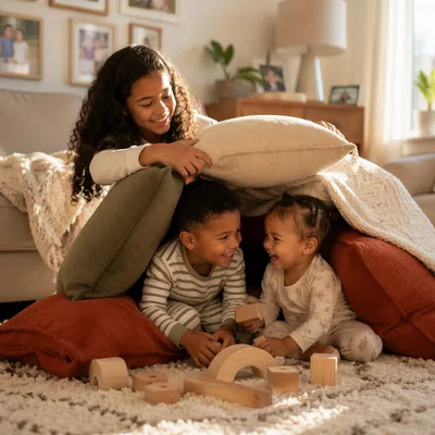 Three Siblings Playing in Sunlit Living Room