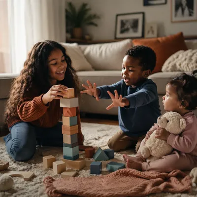 Three Siblings Playing in Cozy Living Room
