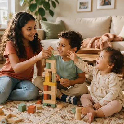 Three Siblings Playing in Sunlit Living Room