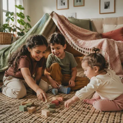 Three Siblings Playing in Sunlit Living Room