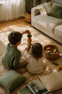 Siblings Building Blocks in Cozy Living Room