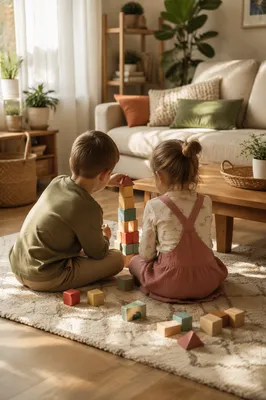 Young Siblings Playing in Cozy Living Room