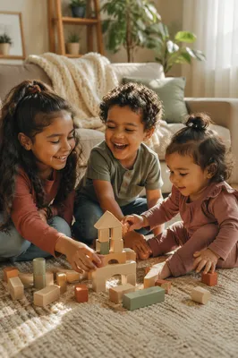 Three Siblings Playing in Cozy Living Room