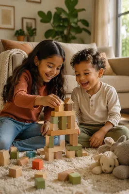 Siblings Playing with Blocks in Living Room