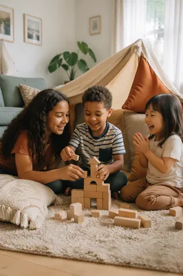 Three Siblings Playing in Sunlit Living Room