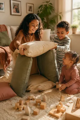 Three Siblings Playing in Sunlit Living Room