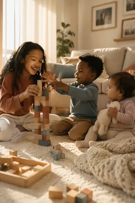Three Siblings Playing in Cozy Living Room