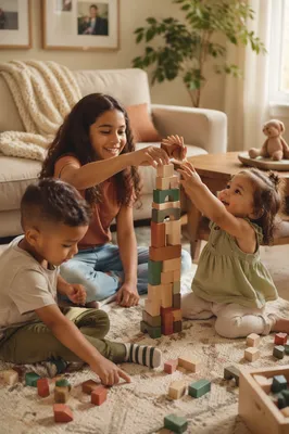 Three Siblings Playing in Sunlit Living Room