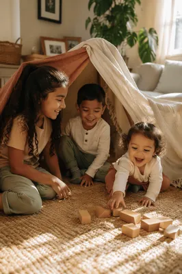 Three Siblings Playing in Sunlit Living Room
