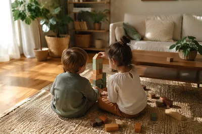 Siblings Building Blocks in Cozy Living Room