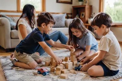 Siblings Playing Together in Cozy Living Room