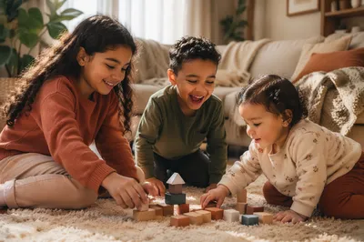 Three Siblings Playing in Cozy Living Room