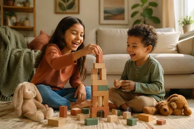 Siblings Playing with Blocks in Living Room
