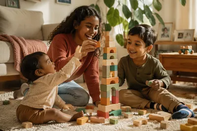 Three Siblings Playing in Sunlit Living Room