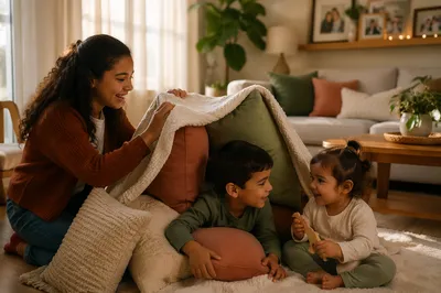 Three Siblings Playing in Cozy Living Room