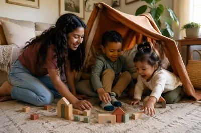Three Siblings Playing in Sunlit Living Room