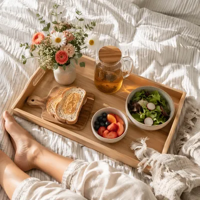 Slow Morning Breakfast Tray With Flowers