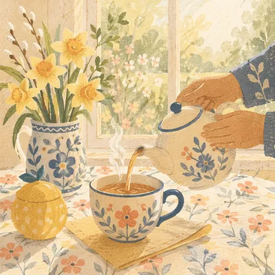 Peaceful Morning Tea with Spring Flowers