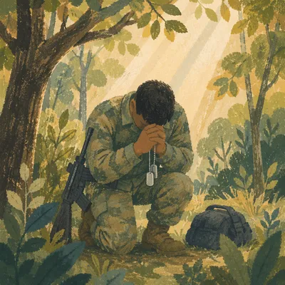 Kneeling Soldier Praying With Dog Tags